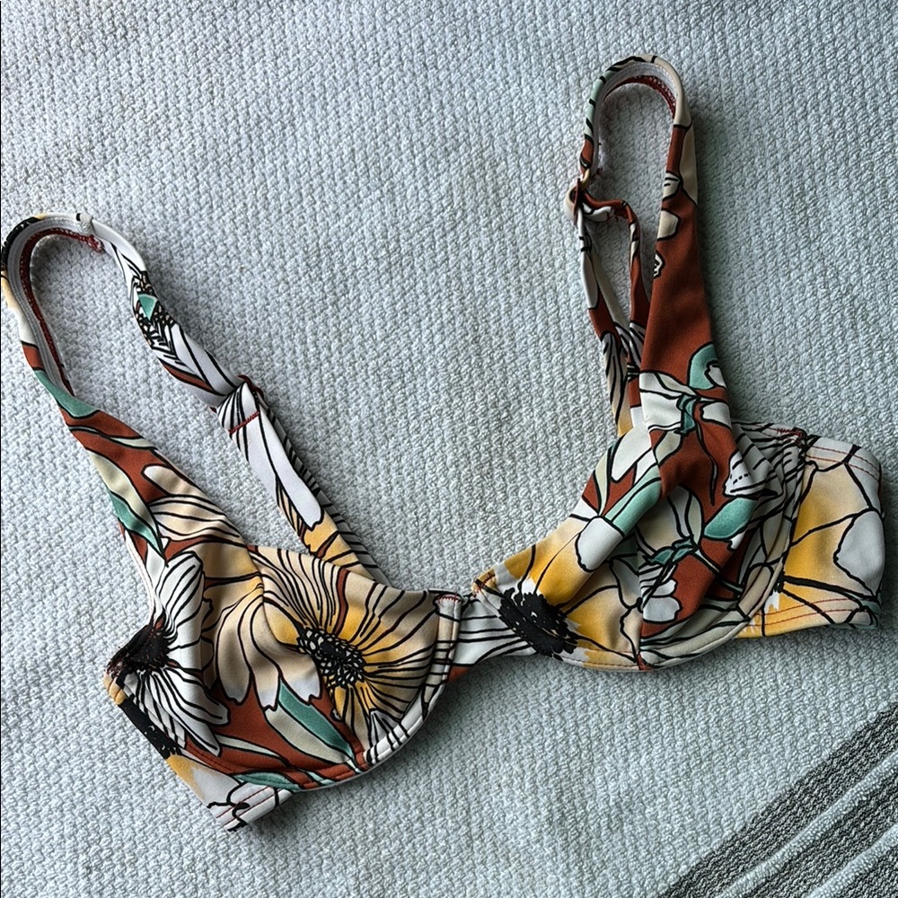 Floral Bikini Top with Brown and Yellow Accents
